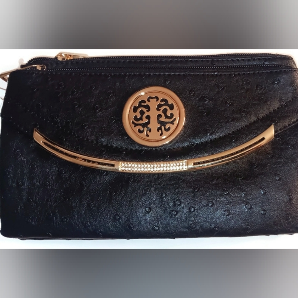 Women's Ostrich Crossbody/Wristlet Bag, Black - Picture 7 of 7
